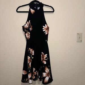 Altar'd State Black Halter Mini Dress with Floral Design